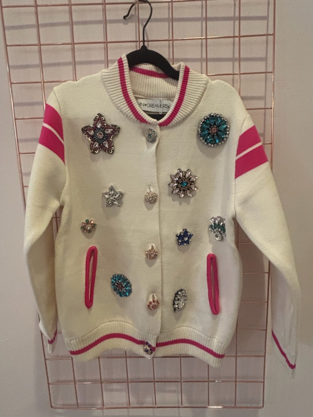 Dreamers Cream Jacket with Pink Trim & Jeweled Embellishments